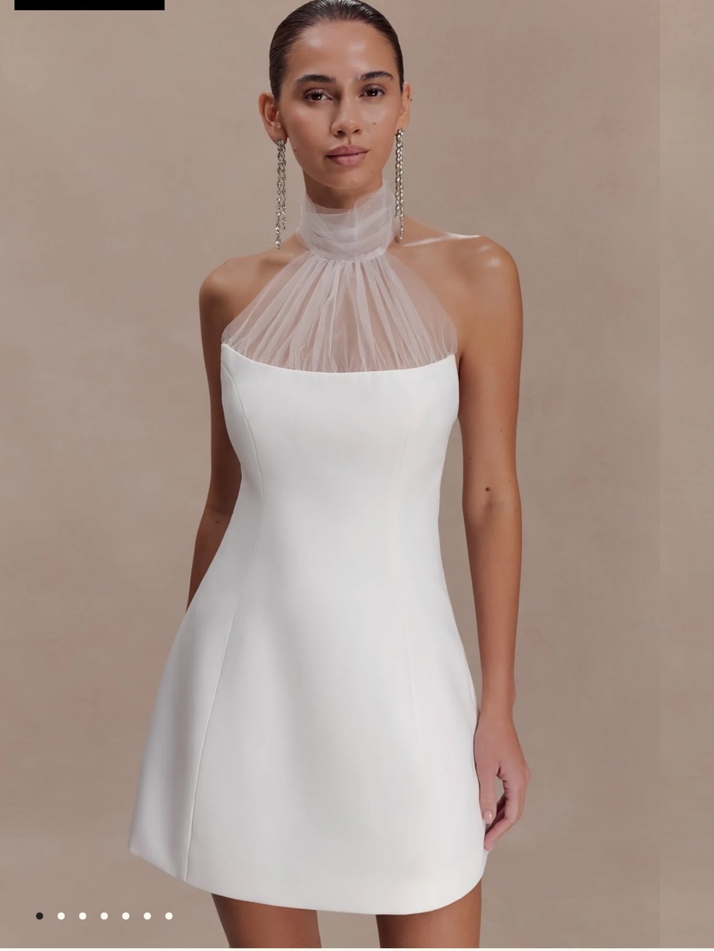 Meshki White Halter Mini Dress with Tulle Neck
